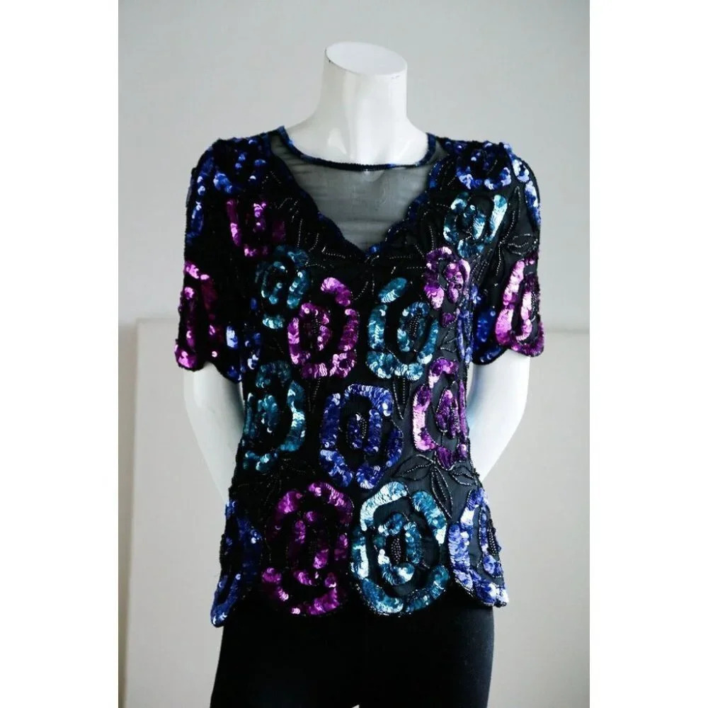 Vintage Leslie Fay Evening Silk Sequin Beaded Teal Pink  Sparkly Top S - Picture 3 of 7